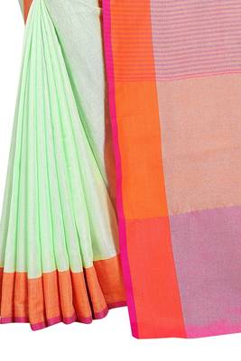Light green plain cotton saree with blouse 3