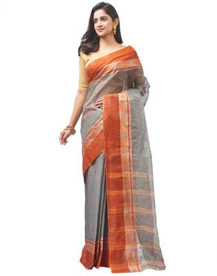 grey Handloom Taant Pure Cotton Saree Without Blouse Piece 2