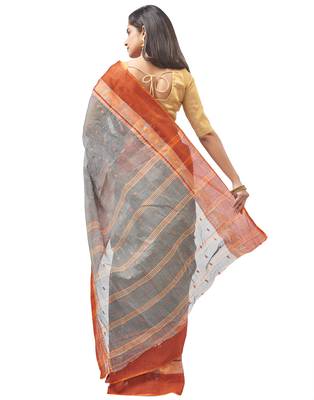 grey Handloom Taant Pure Cotton Saree Without Blouse Piece 3