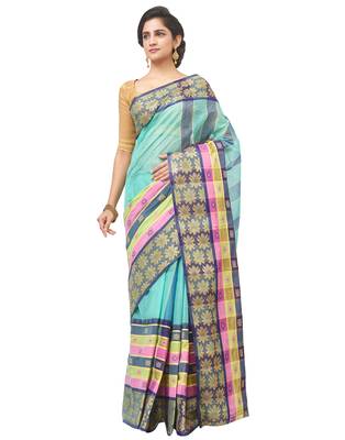 blue Handloom Taant Pure Cotton Saree Without Blouse Piece 1