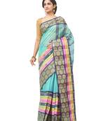 blue Handloom Taant Pure Cotton Saree Without Blouse Piece