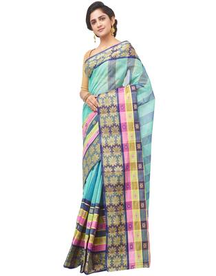 blue Handloom Taant Pure Cotton Saree Without Blouse Piece 2