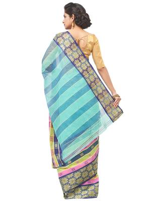 blue Handloom Taant Pure Cotton Saree Without Blouse Piece 3