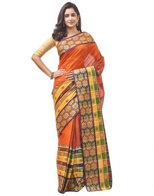 orange Handloom Taant Pure Cotton Saree Without Blouse Piece 1