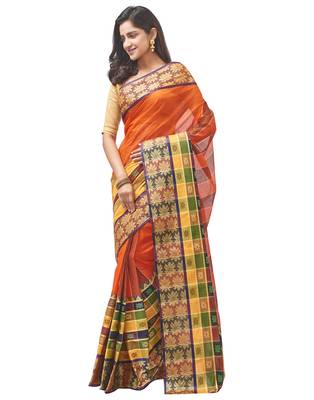 orange Handloom Taant Pure Cotton Saree Without Blouse Piece 2