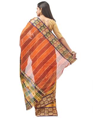 orange Handloom Taant Pure Cotton Saree Without Blouse Piece 3