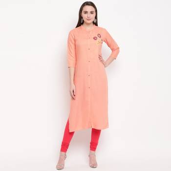 women's hand work/Printed straight rayon peach kurti 1