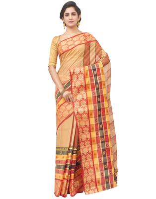 beige Handloom Taant Pure Cotton Saree Without Blouse Piece 1