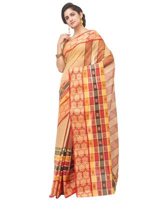 beige Handloom Taant Pure Cotton Saree Without Blouse Piece 2