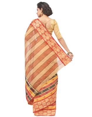 beige Handloom Taant Pure Cotton Saree Without Blouse Piece 3