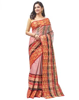 beige Handloom Taant Pure Cotton Saree Without Blouse Piece 1