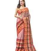 beige Handloom Taant Pure Cotton Saree Without Blouse Piece