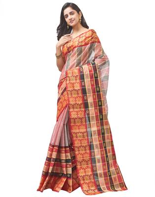 beige Handloom Taant Pure Cotton Saree Without Blouse Piece 2