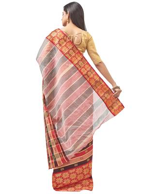 beige Handloom Taant Pure Cotton Saree Without Blouse Piece 3