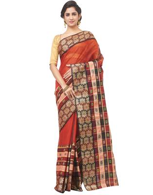 red Handloom Taant Pure Cotton Saree Without Blouse Piece 1