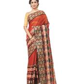 red Handloom Taant Pure Cotton Saree Without Blouse Piece