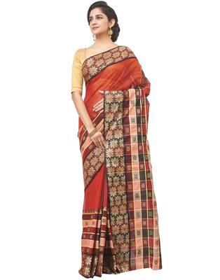 red Handloom Taant Pure Cotton Saree Without Blouse Piece 2