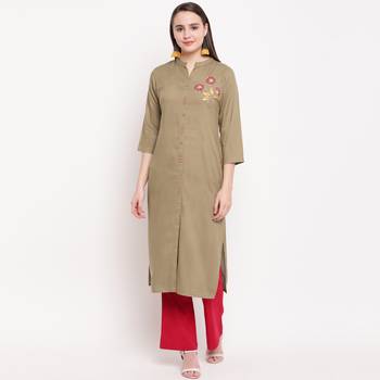 women's hand work/Printed straight rayon beige kurti 1