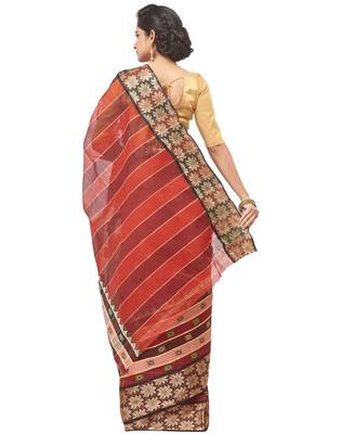 red Handloom Taant Pure Cotton Saree Without Blouse Piece 3