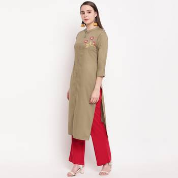 women's hand work/Printed straight rayon beige kurti 3