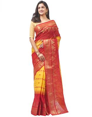yellow Handloom Taant Pure Cotton Saree Without Blouse Piece 1