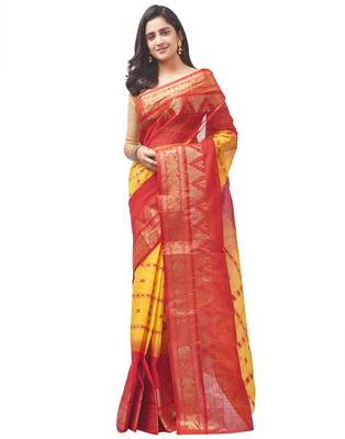 yellow Handloom Taant Pure Cotton Saree Without Blouse Piece 2