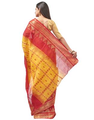 yellow Handloom Taant Pure Cotton Saree Without Blouse Piece 3