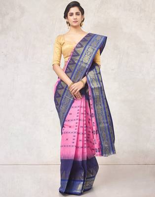 pink Handloom Taant Pure Cotton Saree Without Blouse Piece 1