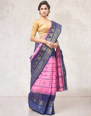 pink Handloom Taant Pure Cotton Saree Without Blouse Piece 2