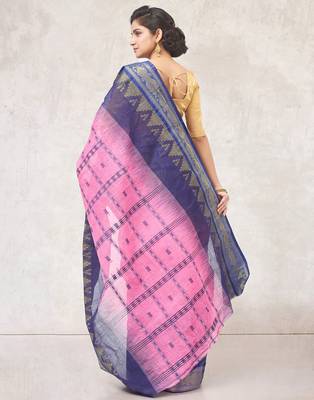 pink Handloom Taant Pure Cotton Saree Without Blouse Piece 3