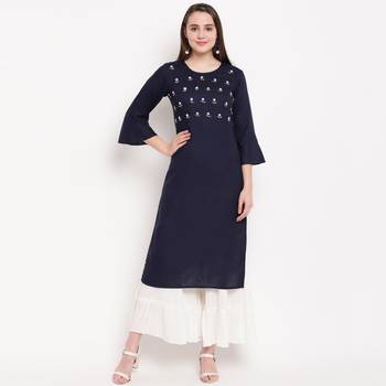 women's embellished/solid straight rayon blue kurti with sharara set 1
