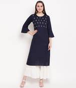 women's embellished/solid straight rayon blue kurti with sharara set