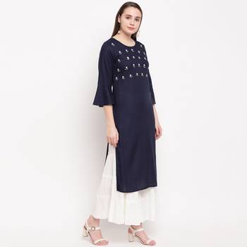 women's embellished/solid straight rayon blue kurti with sharara set 4