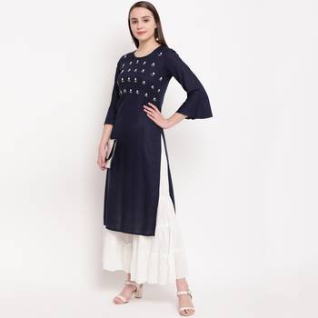women's embellished/solid straight rayon blue kurti with sharara set 6