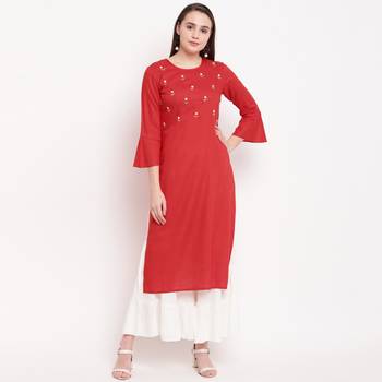 women's embellished/solid straight rayon red kurti with sharara set 1