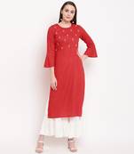 women's embellished/solid straight rayon red kurti with sharara set