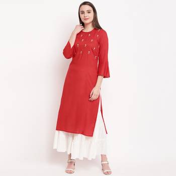 women's embellished/solid straight rayon red kurti with sharara set 3