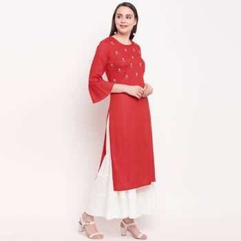 women's embellished/solid straight rayon red kurti with sharara set 4