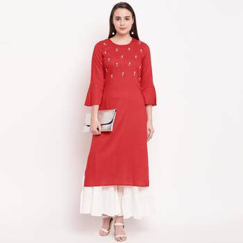 women's embellished/solid straight rayon red kurti with sharara set 6