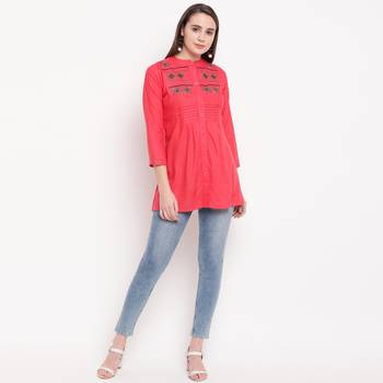women's embroidered short rayon pink tunic 1