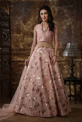 Peach Printed Silk Semi Stitched Lehenga 1