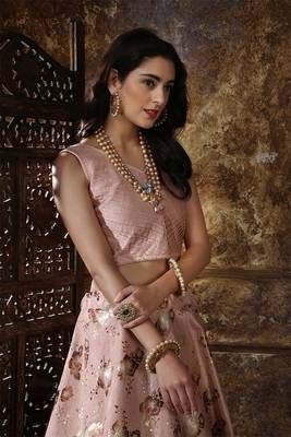 Peach Printed Silk Semi Stitched Lehenga 2
