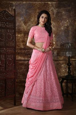 Pink Embroidered Georgette Semi Stitched Lehenga 1