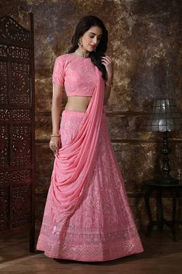 Pink Embroidered Georgette Semi Stitched Lehenga 3