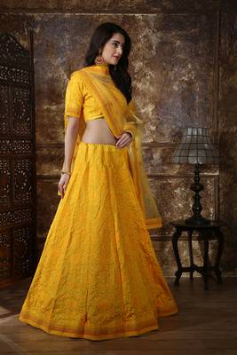 Yellow Embroidered Silk Semi Stitched Lehenga 3