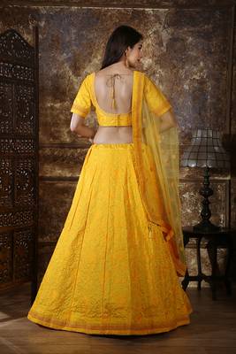 Yellow Embroidered Silk Semi Stitched Lehenga 4