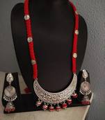 Red Tassle Crescent Moon Pendant Necklace Set