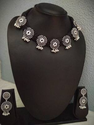 Black Tassle Choker With Matching Floral Earring 1