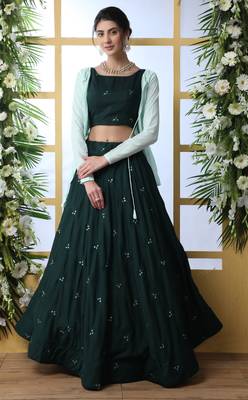 Dark Green Sequince Embroidered Maslin Cotton Semi Stitched bridal lehenga Choli With Koti 1