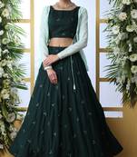 Dark Green Sequince Embroidered Maslin Cotton Semi Stitched bridal lehenga Choli With Koti